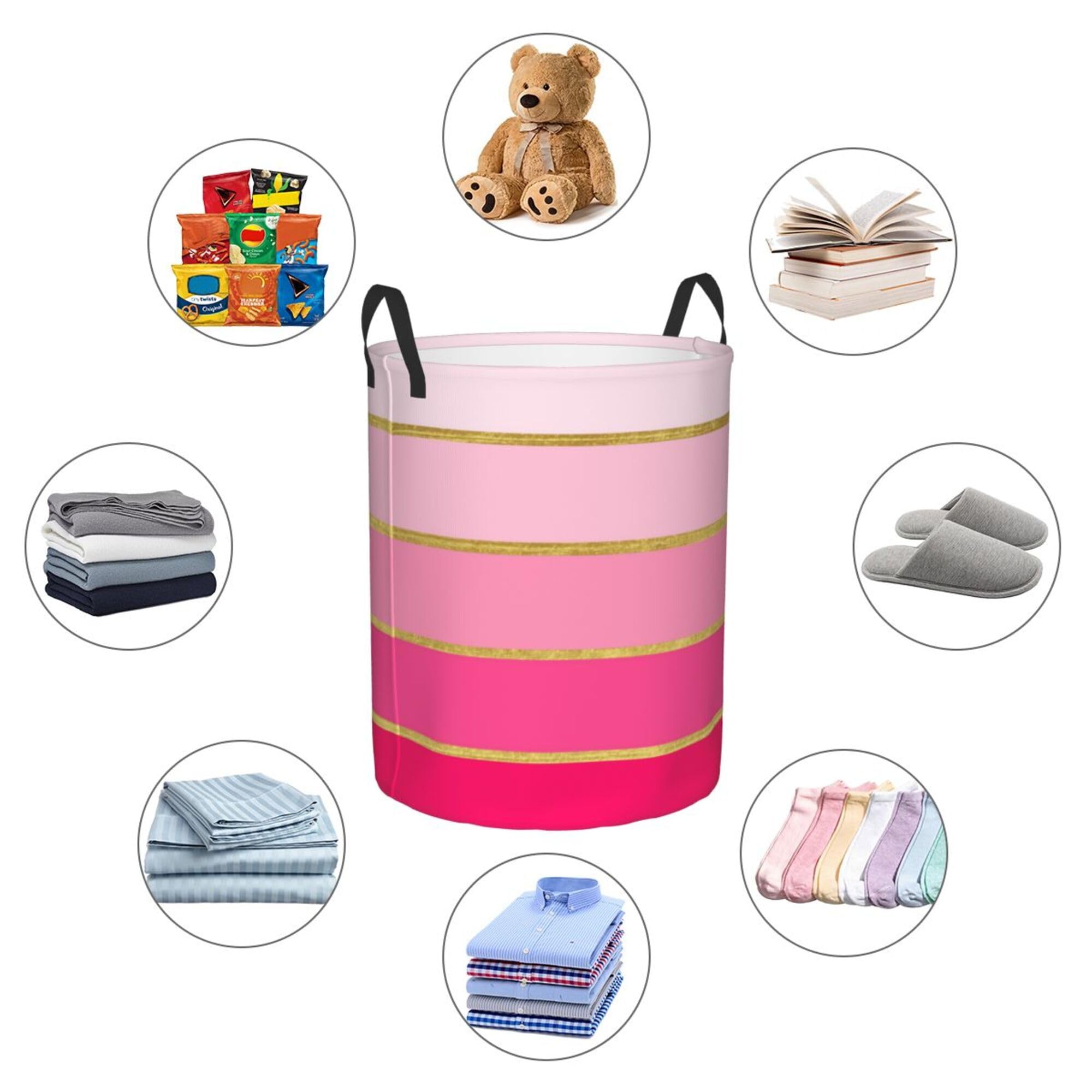 Large Laundry Basket, Hot Pink & Gold Modern Collapsible Laundry Hamper Dirty Clothes Washing Bin for College Dorm Storage Essentials