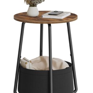 CHOEZON Round Side Table, Small End Table with Fabric Storage Basket, 2-Tier Bedside Table, Round Nightstand, for Small Space, Living Room, Bedroom, Nursery, Rustic Brown and Black TBZ03BF