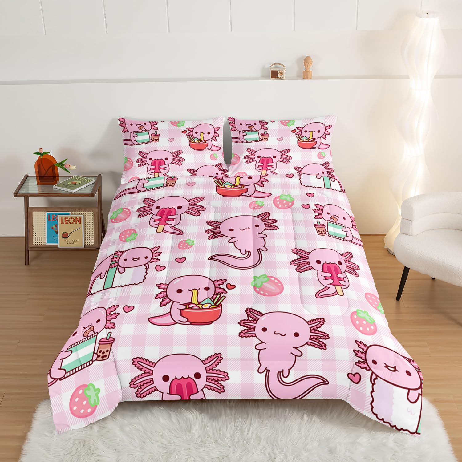 HOSIMA Axolotl Comforter Set Twin Size for Kids Girls,Pink Cartoon Axolotl Eat Dessert Printing Bedding Set Twin Size for Princess Bedroom Decor with Two Pillowcases.