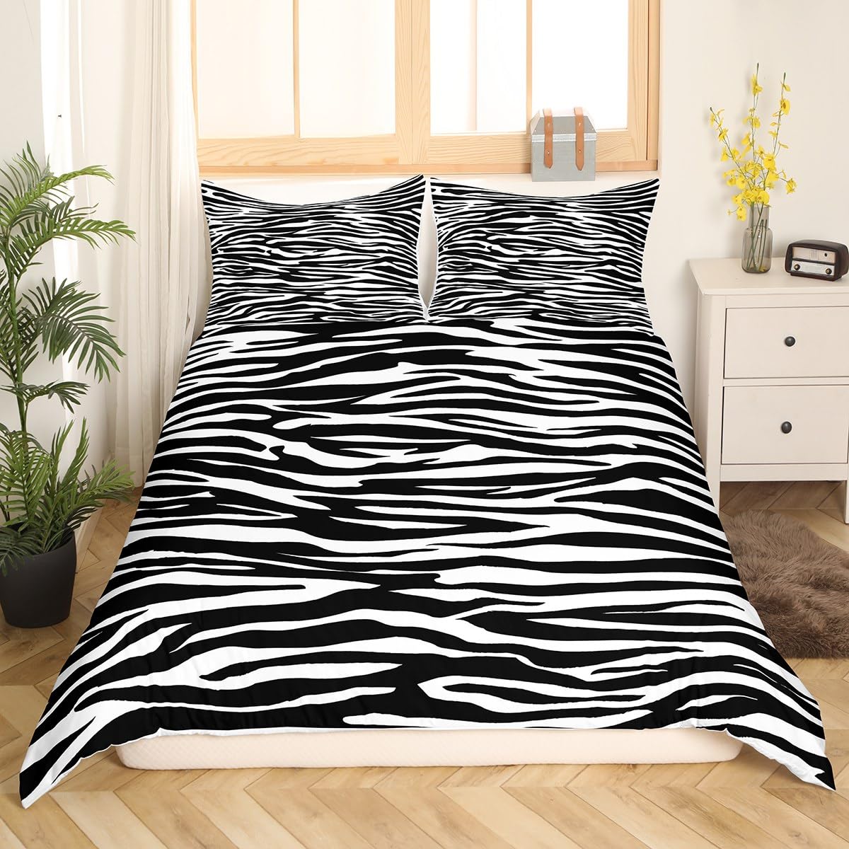 Erosebridal Zebra Print Duvet Cover King Black and White Bedding Sets, Wild Animal Theme Bed Set Safari Wildlife Fur Comforter Cover, Abstract Stripe Bedding Microfiber Super Cozy 3pcs