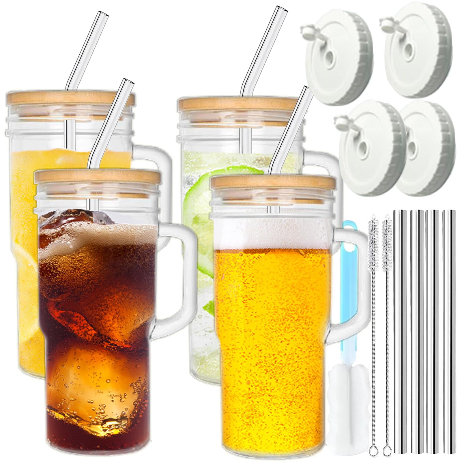 GAGAMOTEYA Clear Glass Tumbler with Straws and Lids,4 Pack 24oz Drinking Mason Jar Cups with Handle,Bamboo Lids and Stainless Steel Glass Straw,Silicone Cup Cover,for Iced Coffee,Smoothies,Beer,Juice