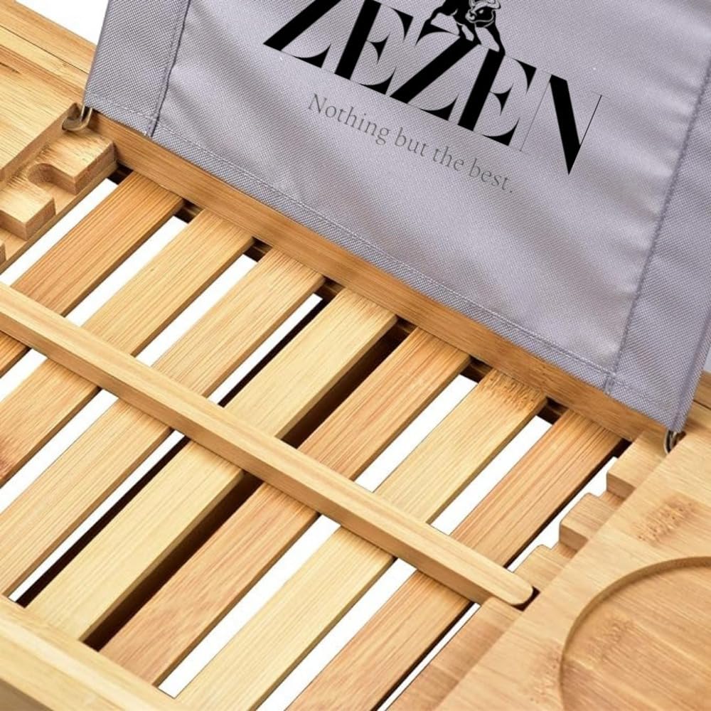 ZEZEN Bamboo Bath Caddy Tray | 100% Natural Bamboo Wooden Bathtub Tray with Book & Tablet Stand | Luxury Wine Glass Candle Holder | Natural Wood | Extendable Organiser for Bathroom Jacuzzi