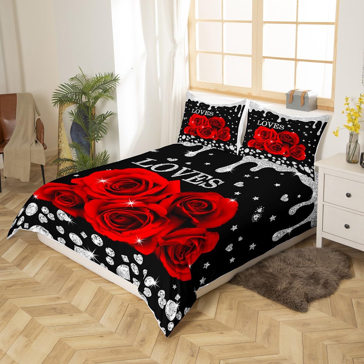 Erosebridal 3D Red Rose Comforter Cover Red and Black Bedding Set Queen Rose Flower Gifts for Her Women Men Couple Girlfriend Romantic Floral Duvet Cover Glitter Sequins Diamond Quilt Cover Zipper