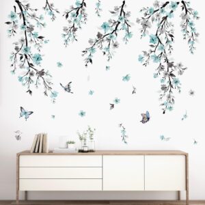 wondever Watercolor Flower Vine Wall Stickers Blue Hanging Floral Tree Branch Wall Art Decals for Living Room Bedroom TV Wall