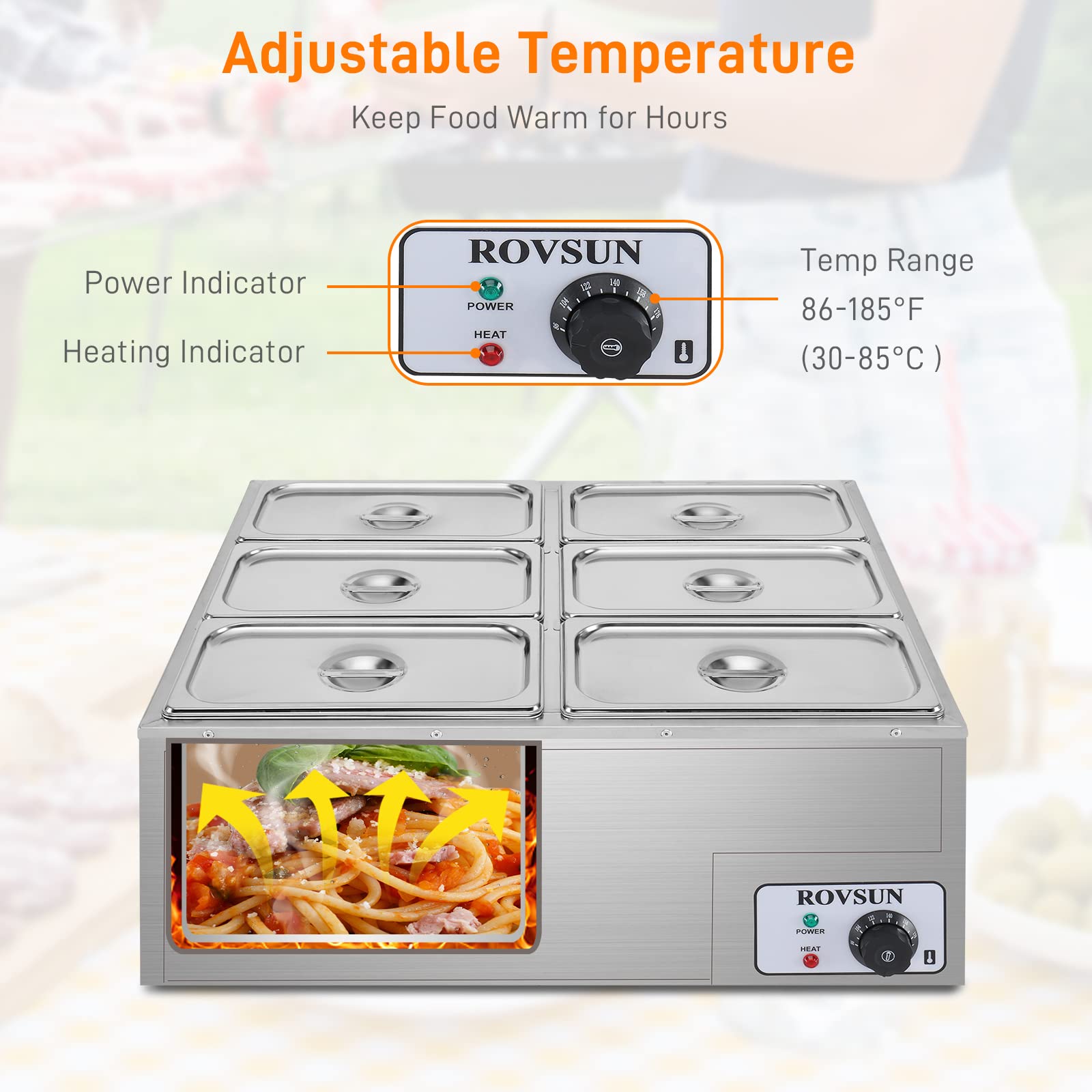 LEADZM 6-Pan(6.9QT*6) Commercial Food Warmer, 110V Electric Desktop Steam Table with Temperature Control and Stainless Steel Body, Bain Marie Buffet for Party Restaurant and Catering