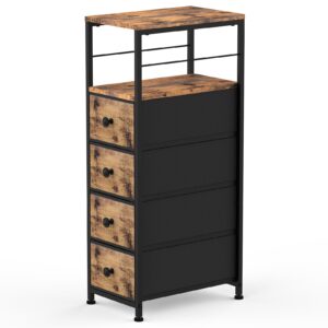 YBING Narrow Side Tables for Small Spaces, Slim Dresser with 4 Fabric Drawers, Small Chest of Drawers, Skinny Nightstand,Wood Brown