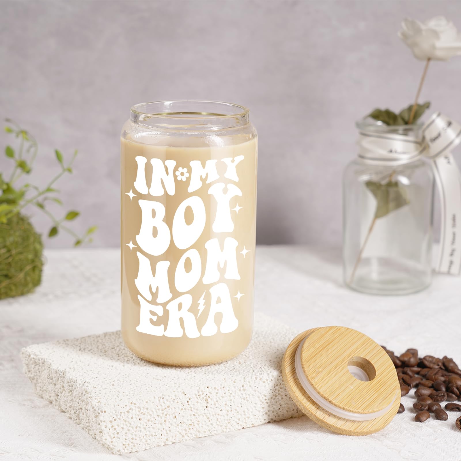 Fairy's Gift Boy Mom Iced Coffee Cup, Cute Boy Mom Gifts, 16 oz Coffee Glass Cups with Lids Straws - in My Boy Mom Era - Boy Mom Christmas, Boy Mama Birthday Gifts - Gifts for New Mom, Expecting Mom