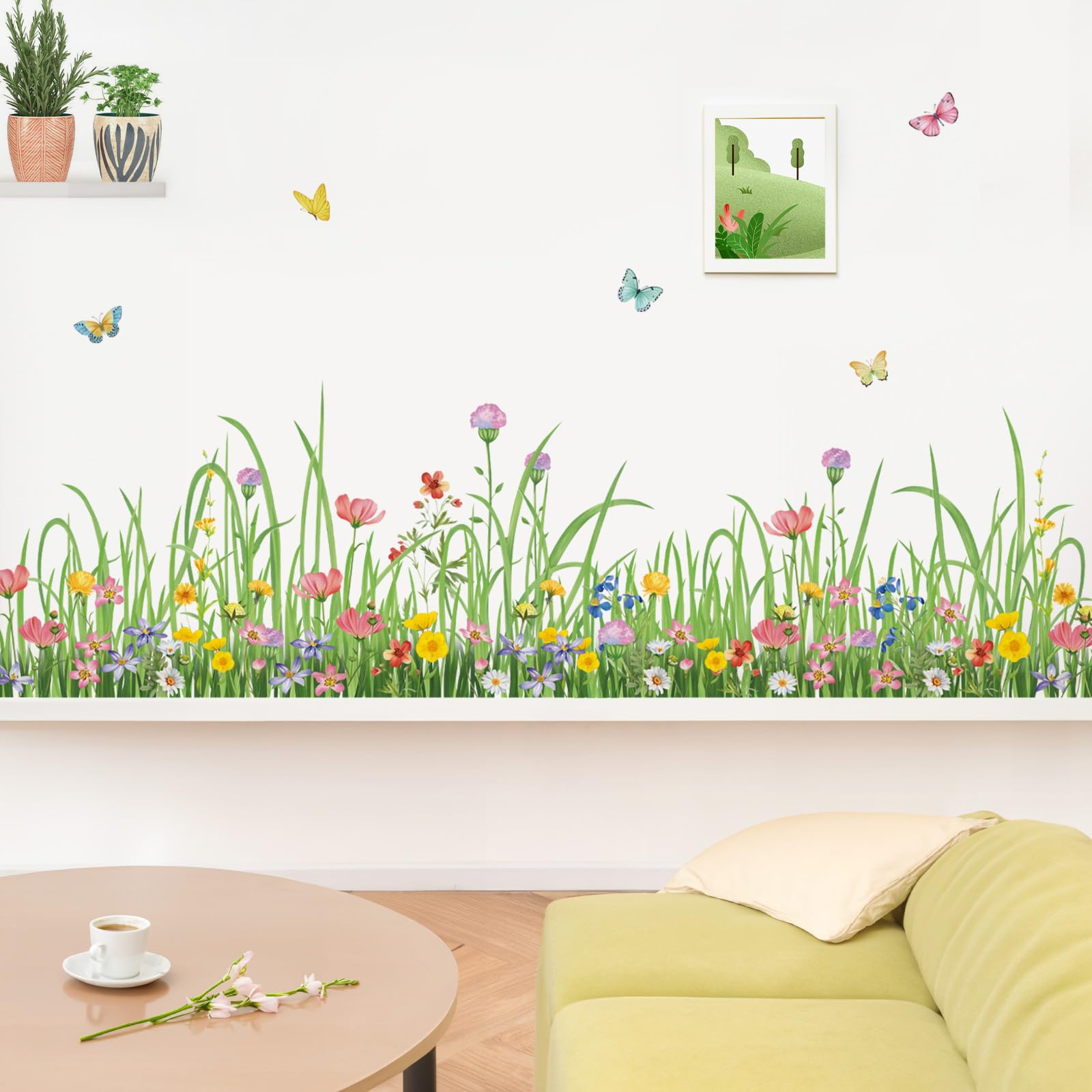 wondever Green Grass Floral Wall Corner Stickers Wildflower Butterflies Baseboard Skirting Line Wall Decals for Living Room Bedroom Dining Room (W:62 inches)