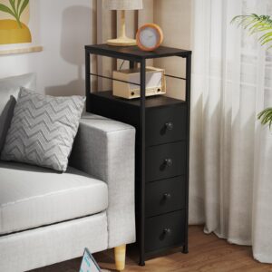 YBING Narrow Dresser for Bedroom, Slim Chest Organizer Nightstand, 4 Fabric Drawers with Wood Shelf, Side Tables for Small Spaces, Black