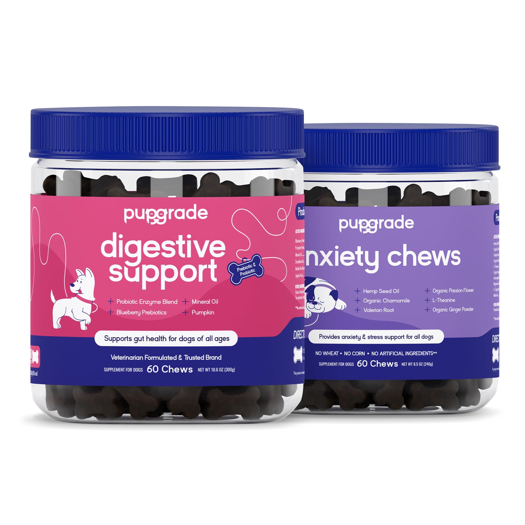 PupGrade 2-Pack Anxiety & Stress and Digestive Support Chews for Dogs - Natural Muscle Relaxant - Prebiotic and Probiotic Supplement with Enzyme Blend - 120 Chews Total