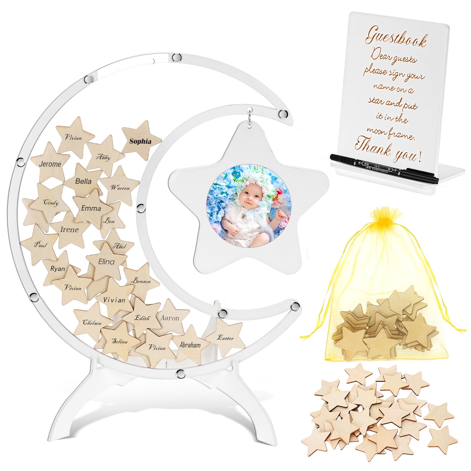 Dolodomy Baby Shower Guest Book, 68PCS Baby Shower Sign in Guest Book Baby Shower Decorations Moon Token Frame Star Wooden Keepsake Frame Baby Shower Decors 12.6IN Acrylic Baby Shower Favors