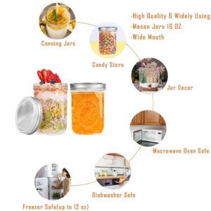 Miuyhji Wide Mouth Mason Jars 16 oz with Lids [6 Pack], Canning Jars with Metal Airtight Lids and Bands, 16 oz Glass Jars for Fermenting, Pickling, Freezing, Preserving, Meal Prep, Jar Décor