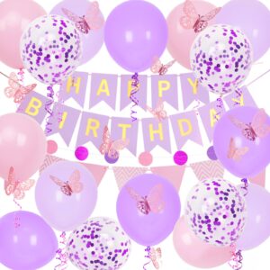 purple and pink birthday decorations, purple happy birthday banner for girl women with balloons, pennant banner flags, butterfly decorations and circle dot paper garland