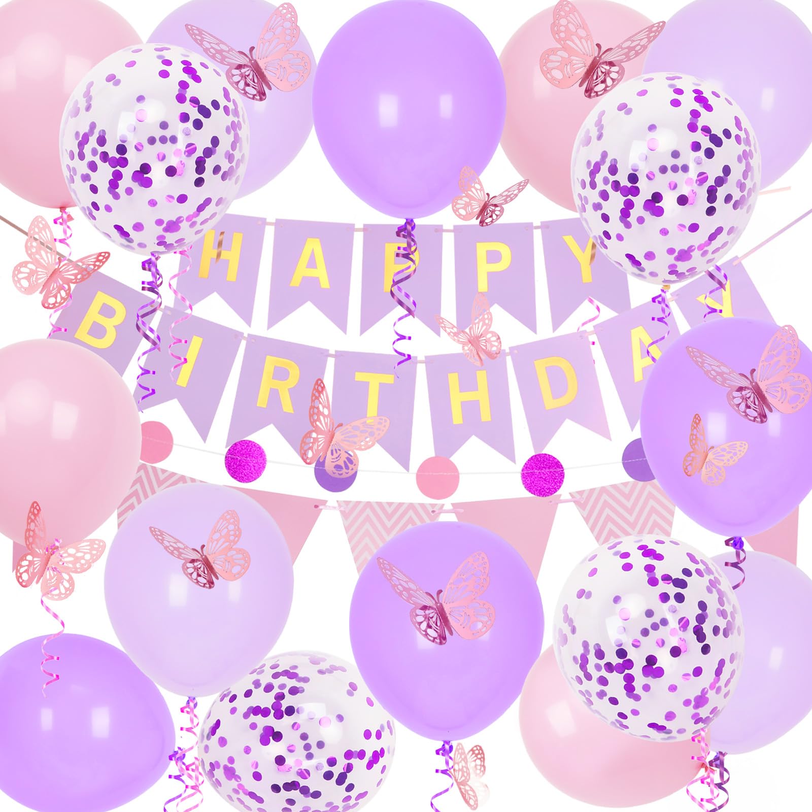 Purple and Pink Birthday Decorations, Purple Happy Birthday Banner for Girl Women with Balloons, Pennant Banner Flags, Butterfly Decorations and Circle Dot Paper Garland