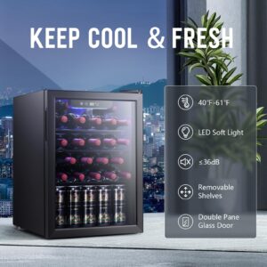 Antarctic Star 2.6 cu.ft Wine Cooler/Cellar Mini Beverage Refrigerator for Wine Beer Soda Clear Front Glass Door Small Drink Touch Screen for Bar Office Home with Quiet Compressor, Freestanding.