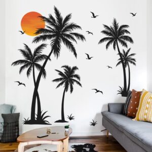 wondever Large Black Palm Tree Wall Stickers Tropical Tree Plants Birds Peel and Stick Wall Art Decals for Living Room Bedroom TV Background (H: 53 inch)