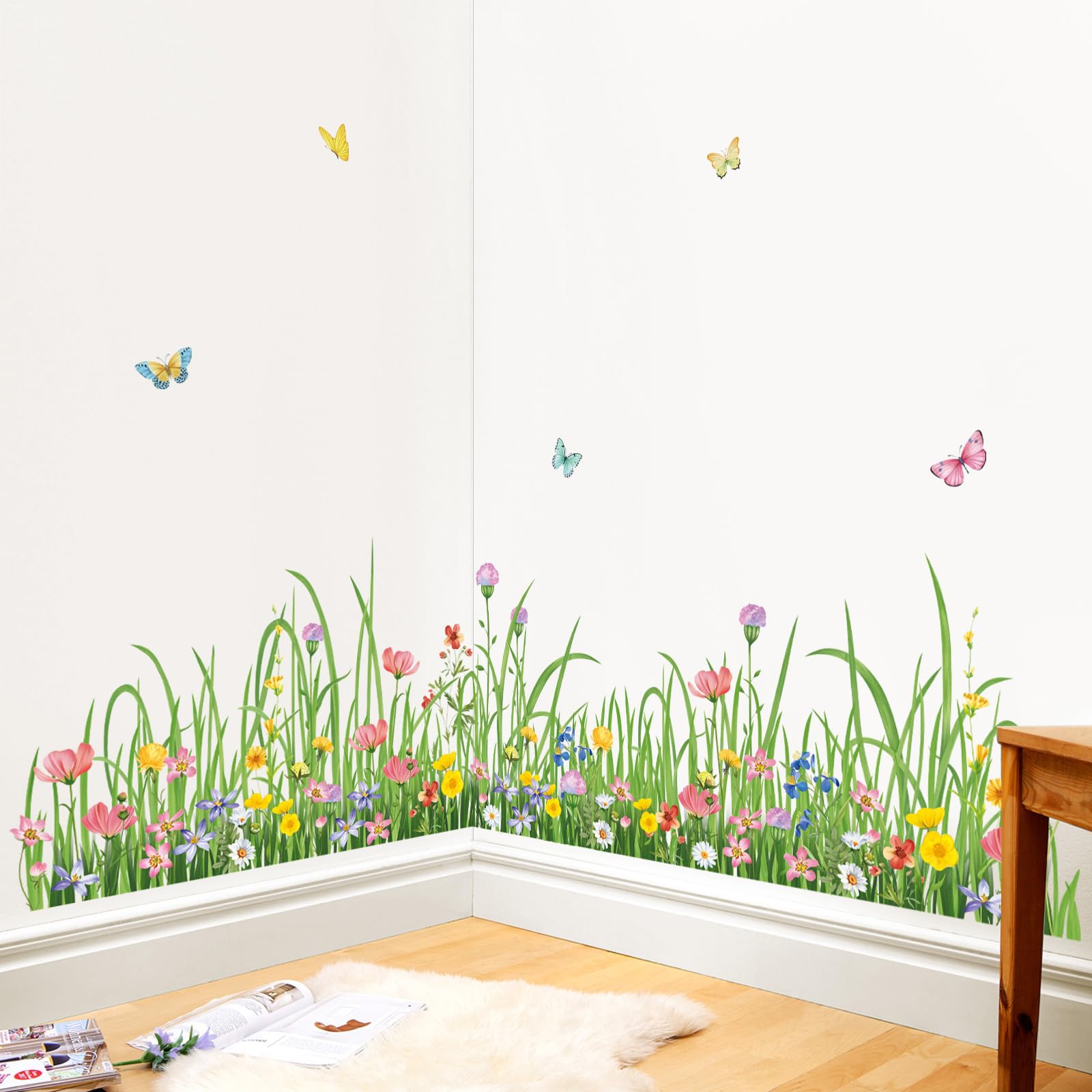 wondever Green Grass Floral Wall Corner Stickers Wildflower Butterflies Baseboard Skirting Line Wall Decals for Living Room Bedroom Dining Room (W:62 inches)