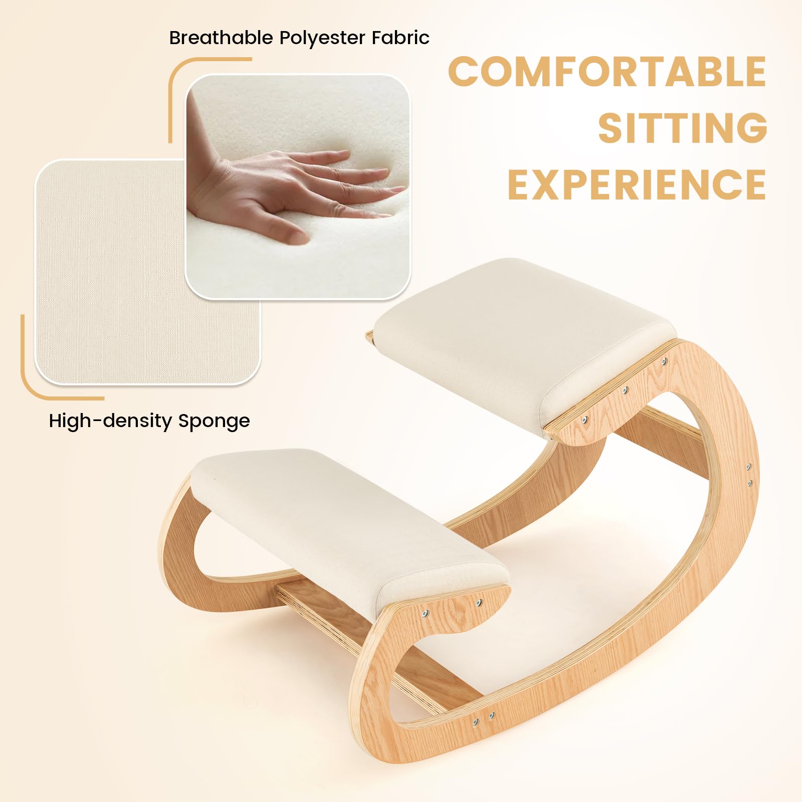 FIREFLOWERY Ergonomic Kneeling Chair, Wooden Posture Chair W/Extra Padding for Back Neck Pain Relief & Improving Posture, Rocking Meditation Stool W/Knee Support for Home Office (Beige)