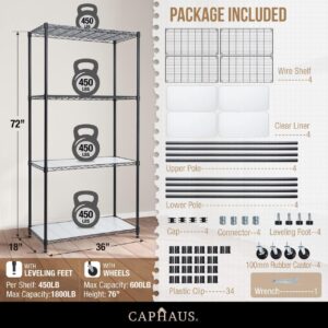 CAPHAUS NSF Commercial Heavy Duty Adjustable Wire Shelving Wheels, Liners, Leveling Feet, Storage Metal Shelf, Basement Garage Shelving Storage, Utility Wire Rack Storage Shelving 36 x 18 x 76 4-Tier