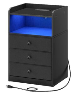 choezon nightstand with charging station and led light, side table with 3 fabric drawers chest, end table with usb ports and outlet, bedside table for living room, bedroom, black mbz04udbb