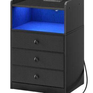 CHOEZON Nightstand with Charging Station and LED Light, Side Table with 3 Fabric Drawers Chest, End Table with USB Ports and Outlet, Bedside Table for Living Room, Bedroom, Black MBZ04UDBB