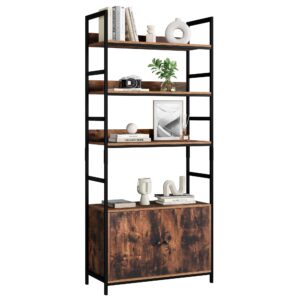 BOTLOG Industrial Bookshelf, Tall Bookshelf with Storage, Wood and Metal Shelf with Doors and Shelves Rustic Brown for Office and Living Room