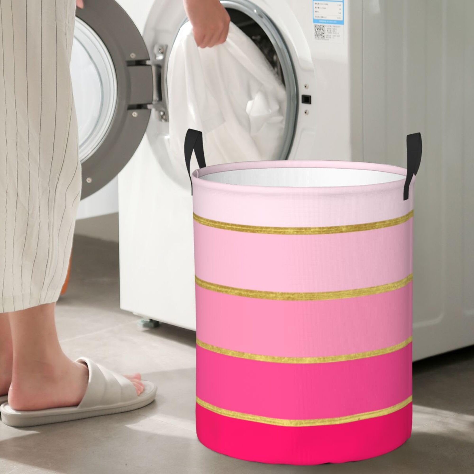 Large Laundry Basket, Hot Pink & Gold Modern Collapsible Laundry Hamper Dirty Clothes Washing Bin for College Dorm Storage Essentials