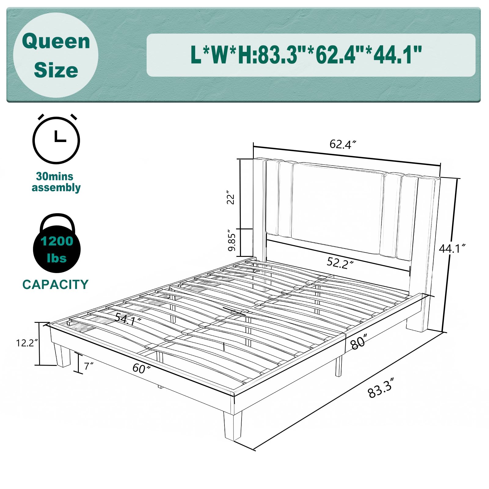 Queen Size Bed Frame, Faux Leather Upholstered Platform with Headboard (Black, Queen (U.S. Standard))