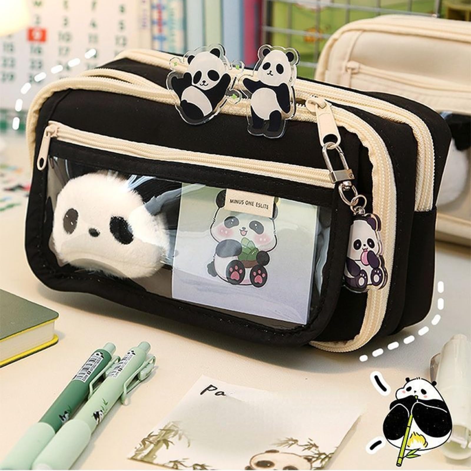 Ecqizer 10Pcs Cute Panda Pencil Case Large Capacity for Adults Aesthetic Pencil Case Kawaii Pencil Pouch Cute With Zipper Preppy Pen Bag With Gel Ink Pens, Clips, Stickers, Pin (Black)