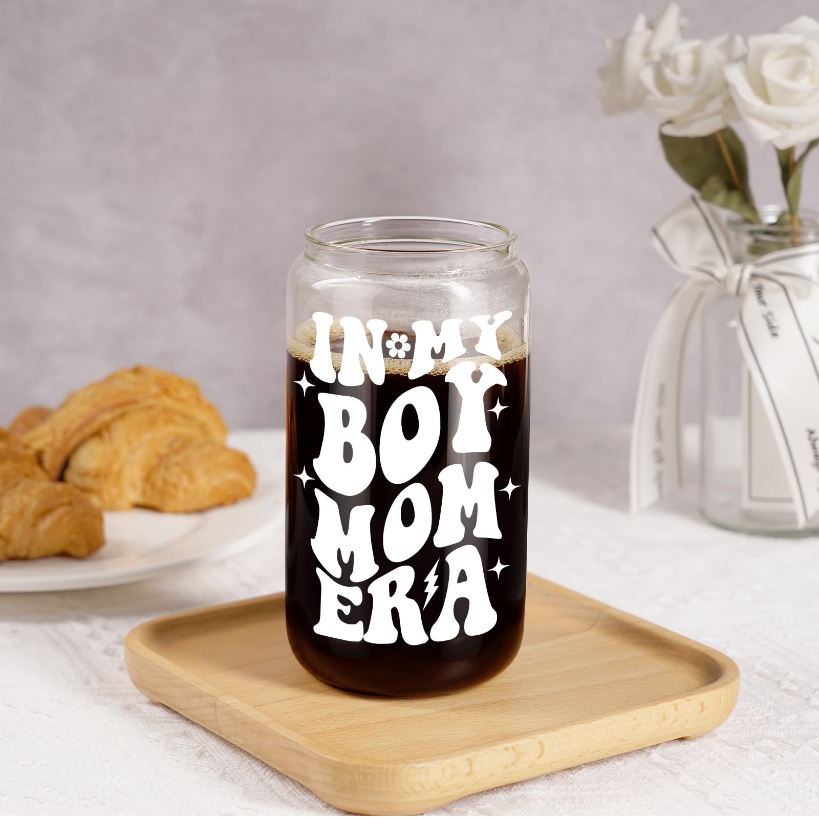 Fairy's Gift Boy Mom Iced Coffee Cup, Cute Boy Mom Gifts, 16 oz Coffee Glass Cups with Lids Straws - in My Boy Mom Era - Boy Mom Christmas, Boy Mama Birthday Gifts - Gifts for New Mom, Expecting Mom