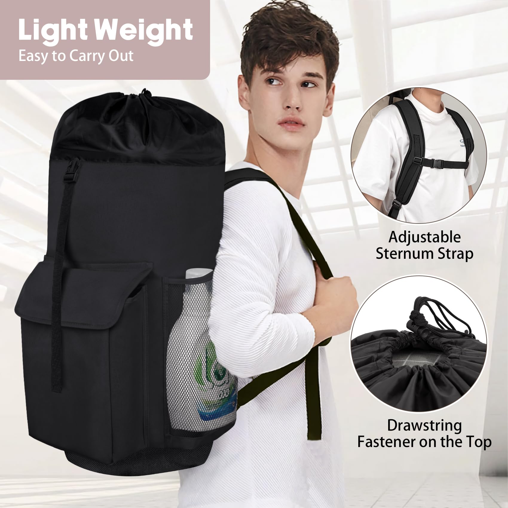 132L Laundry Bag Backpack College Extra Large Heavy Duty, Laundry Bag with Shoulder Straps for College Dorm Essentials, Large Laundry Backpack for Travel, Laundromat, Apartment, Black