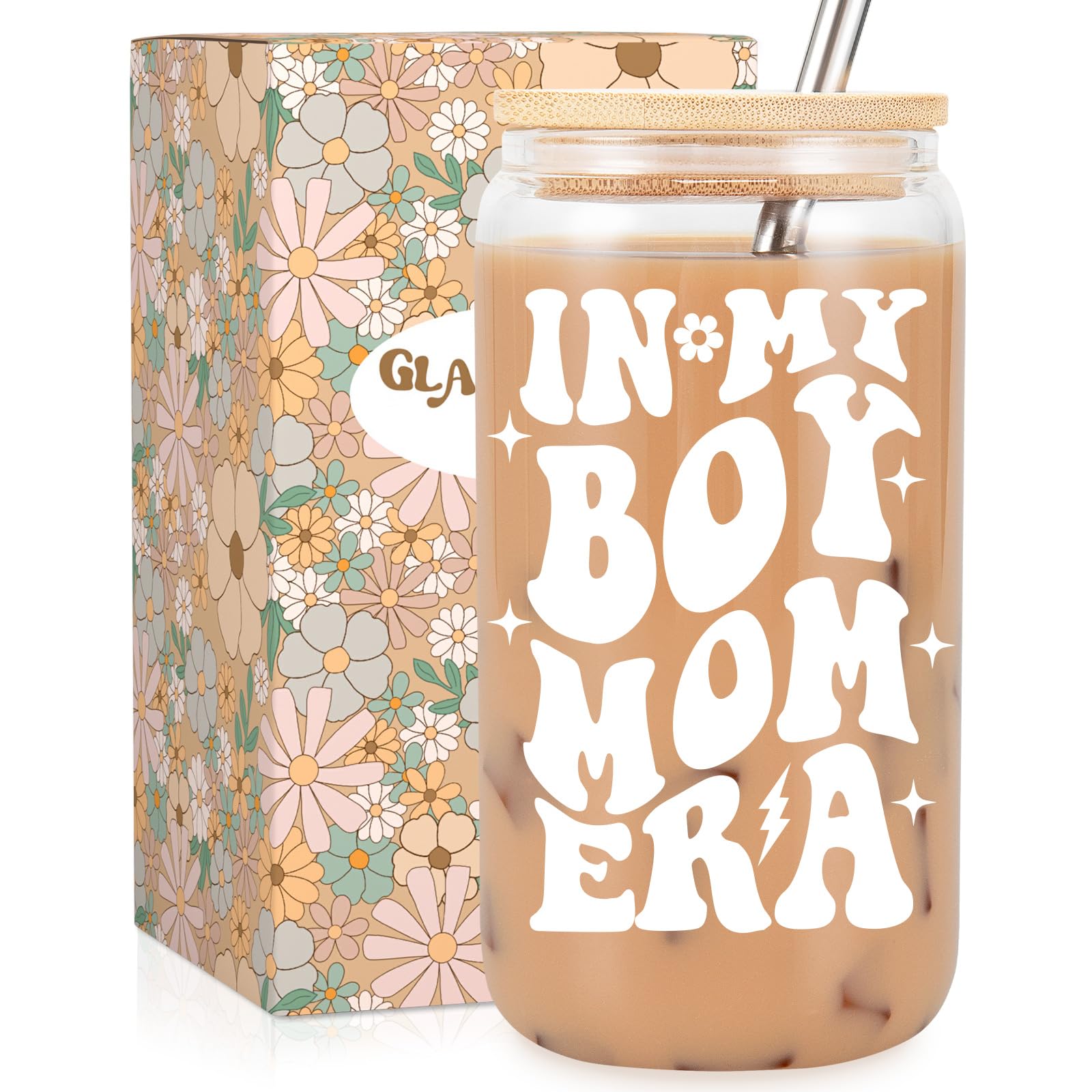 Fairy's Gift Boy Mom Iced Coffee Cup, Cute Boy Mom Gifts, 16 oz Coffee Glass Cups with Lids Straws - in My Boy Mom Era - Boy Mom Christmas, Boy Mama Birthday Gifts - Gifts for New Mom, Expecting Mom