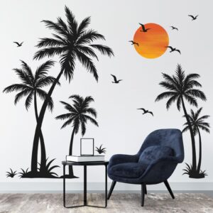 wondever Large Black Palm Tree Wall Stickers Tropical Tree Plants Birds Peel and Stick Wall Art Decals for Living Room Bedroom TV Background (H: 53 inch)