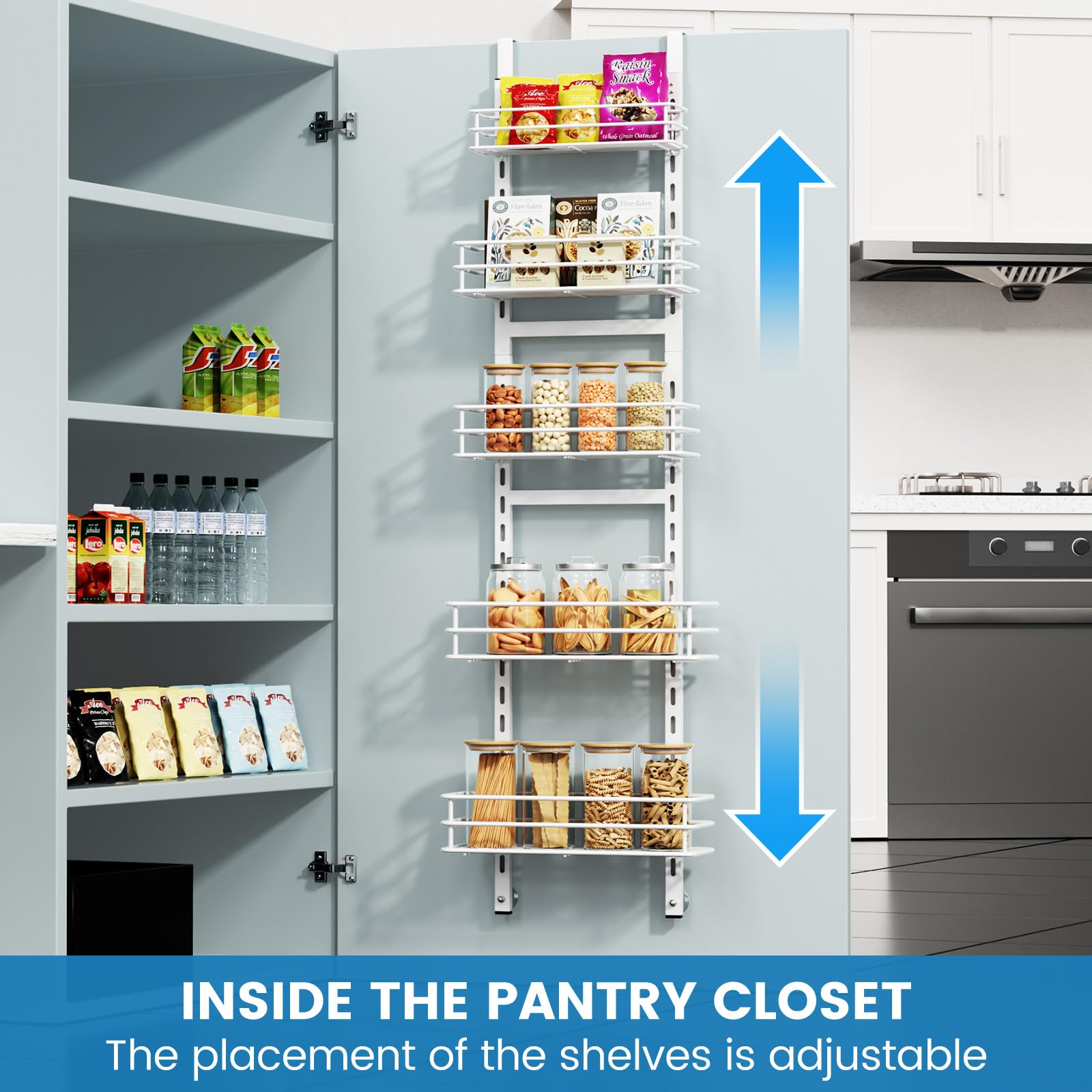 Purdaz Adjustable 5-Tier Over the Door Pantry Organizer, Spice Rack, Narrow Hanging Shelf for Kitchen Storage and Organization (White)