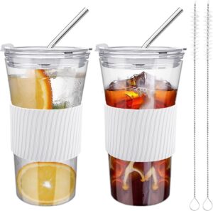 2 pcs iced coffee cups with lids, 16 oz glass cups with lids and straws, reusable tumbler with silicone sleeve, wide mouth can shaped drinking glasses for coffee juice water smoothie (white)