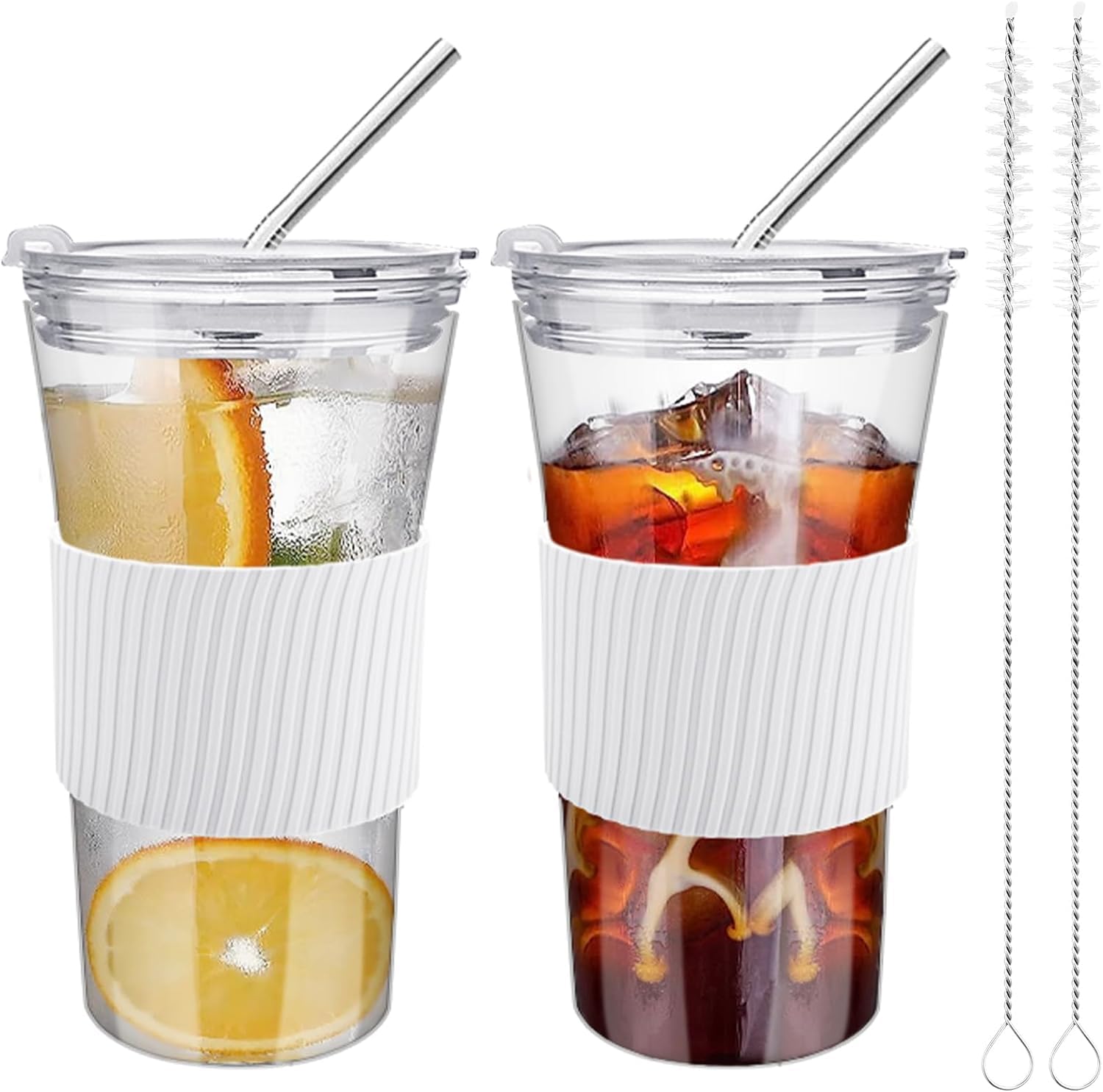 2 pcs Iced Coffee Cups with Lids, 16 oz Glass Cups with Lids and Straws, Reusable Tumbler with Silicone Sleeve, Wide Mouth Can Shaped Drinking Glasses for Coffee Juice Water Smoothie (White)