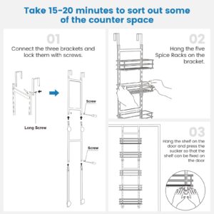 Purdaz Adjustable 5-Tier Over the Door Pantry Organizer, Spice Rack, Narrow Hanging Shelf for Kitchen Storage and Organization (White)