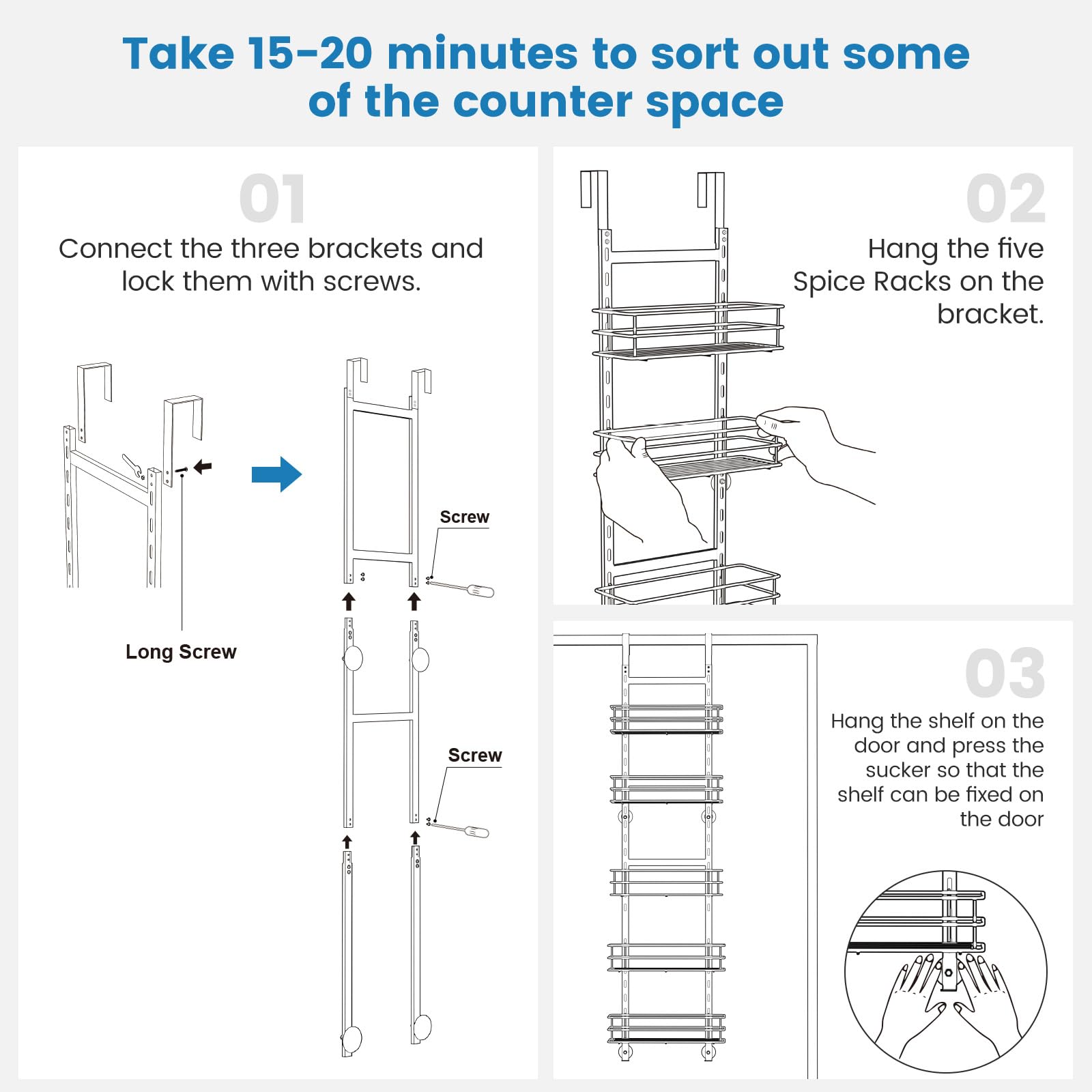 Purdaz Adjustable 5-Tier Over the Door Pantry Organizer, Spice Rack, Narrow Hanging Shelf for Kitchen Storage and Organization (White)