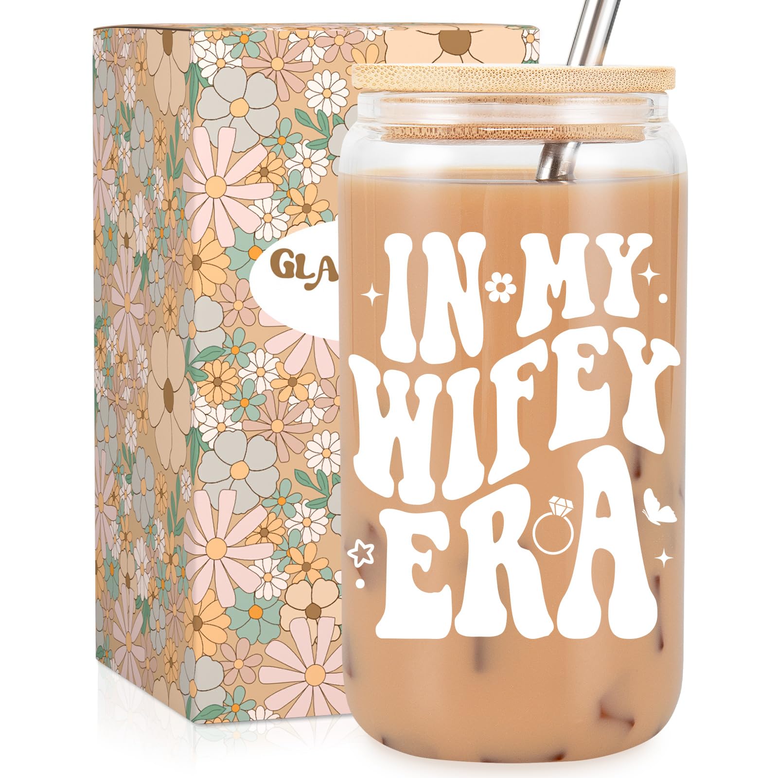 Fairy's Gift Wifey Cup, Engagement Gifts for Her, Bride Gifts, 16 oz Coffee Glass Cups with Lids Straws - in My Wifey Era - Wedding, Bridal Shower, Bachelorette Gifts for Bride, Bride to be Gifts