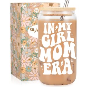 fairy's gift girl mom gifts, girl mom iced coffee cup, cute 16 oz coffee glass cups with lids straws - in my girl mom era - gifts for new mom, christmas, birthday gifts for expecting mom, girl mama