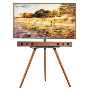 ecotiny tripod easel tv stand for 40 to 65 inch lcd led oled screen, height adjustable and swievel tv stand, portable corner tv floor stand with wooden tray, vesa 400x400mm, minimalist black walnut