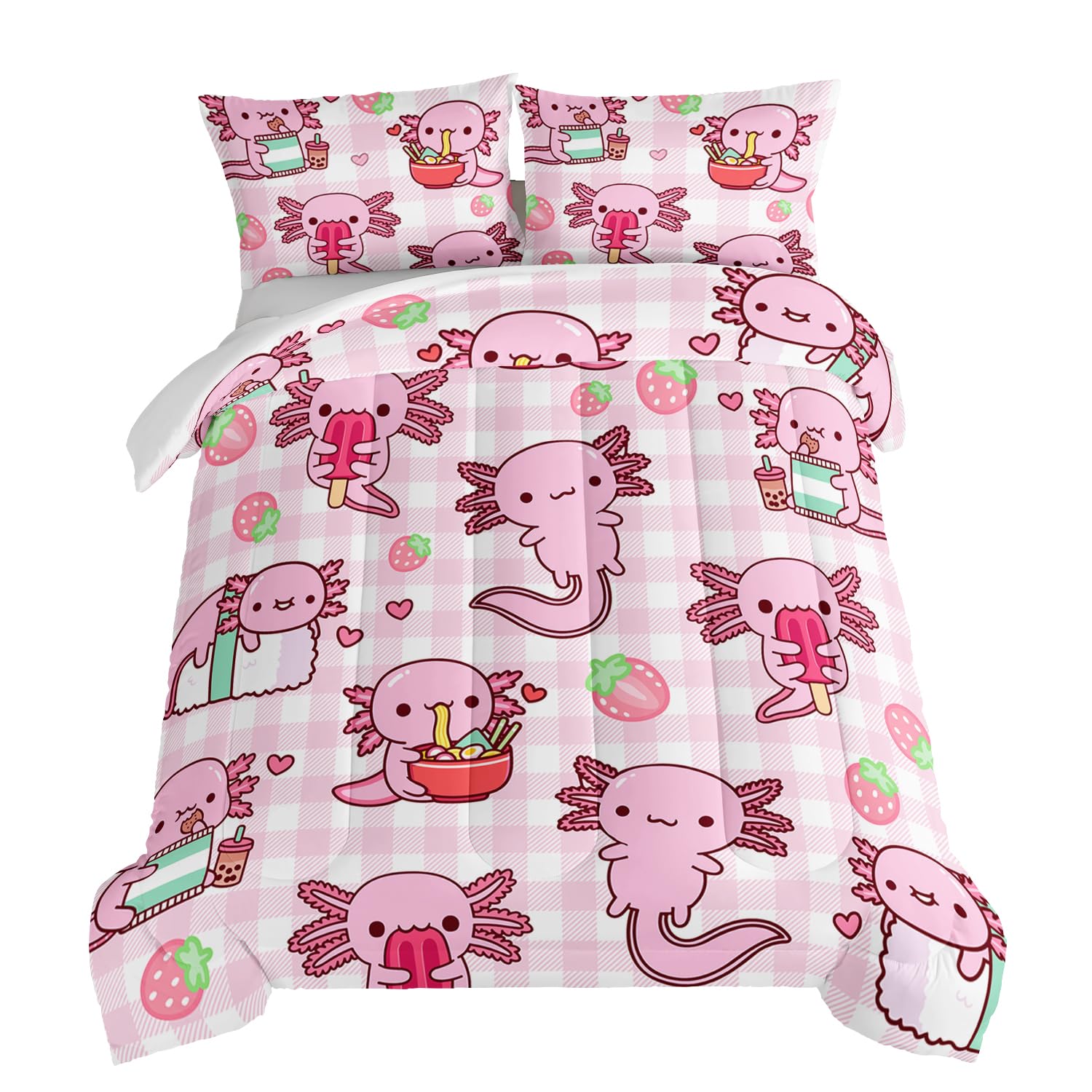 HOSIMA Axolotl Comforter Set Twin Size for Kids Girls,Pink Cartoon Axolotl Eat Dessert Printing Bedding Set Twin Size for Princess Bedroom Decor with Two Pillowcases.