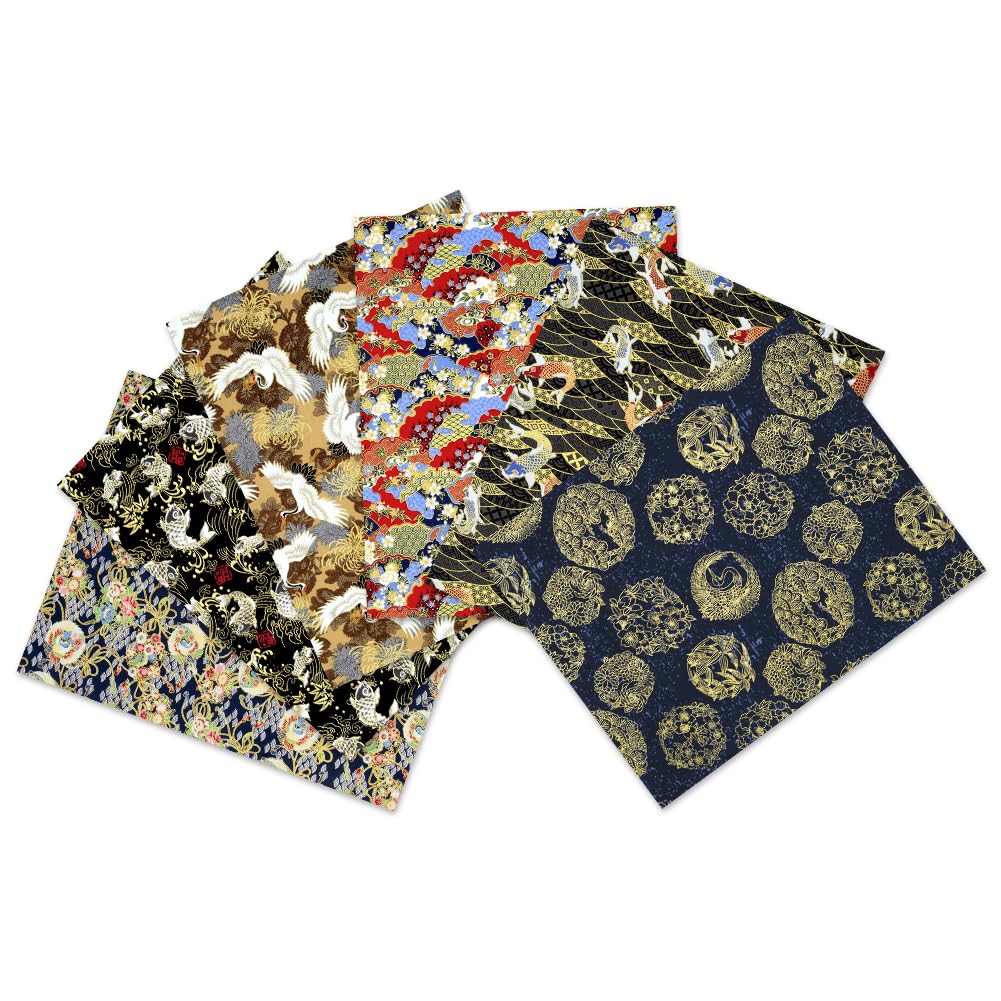 Japanese Fabric,Asian Fabric Squares 6 PCS,6 Different Black Japanese Wrapping Cloth Fish Floral Red Crowned Crane Patterned Fabric Bundles 19.6 x 15.8 Inch for Sewing Furoshiki Wrapping Artcraft DIY