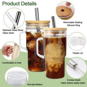 GAGAMOTEYA Clear Glass Tumbler with Straws and Lids,4 Pack 24oz Drinking Mason Jar Cups with Handle,Bamboo Lids and Stainless Steel Glass Straw,Silicone Cup Cover,for Iced Coffee,Smoothies,Beer,Juice