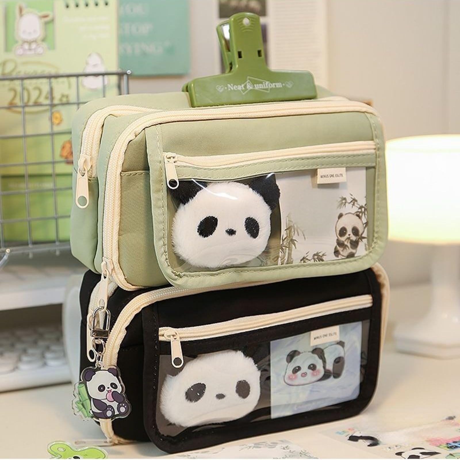 Ecqizer 10Pcs Cute Panda Pencil Case Large Capacity for Adults Aesthetic Pencil Case Kawaii Pencil Pouch Cute With Zipper Preppy Pen Bag With Gel Ink Pens, Clips, Stickers, Pin (Black)