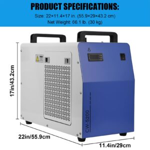 Towallmark Industrial Water Chiller CW5200, 6L Capacity 0.9hp 2.6gpm Water Cooling System for 60W 70W 80W 90W 100W 120W 130W 150W CO2 Laser Engraving & Cutting Machines, Cools 5200 BTU/Hour