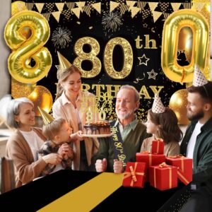 80th Birthday Decorations Men Women with 80th Birthday Banner, Black and Gold Table Cloth, 80 Number Balloons, 80th Birthday Sash, 80th Birthday Cake Topper and 80th Birthday Candles