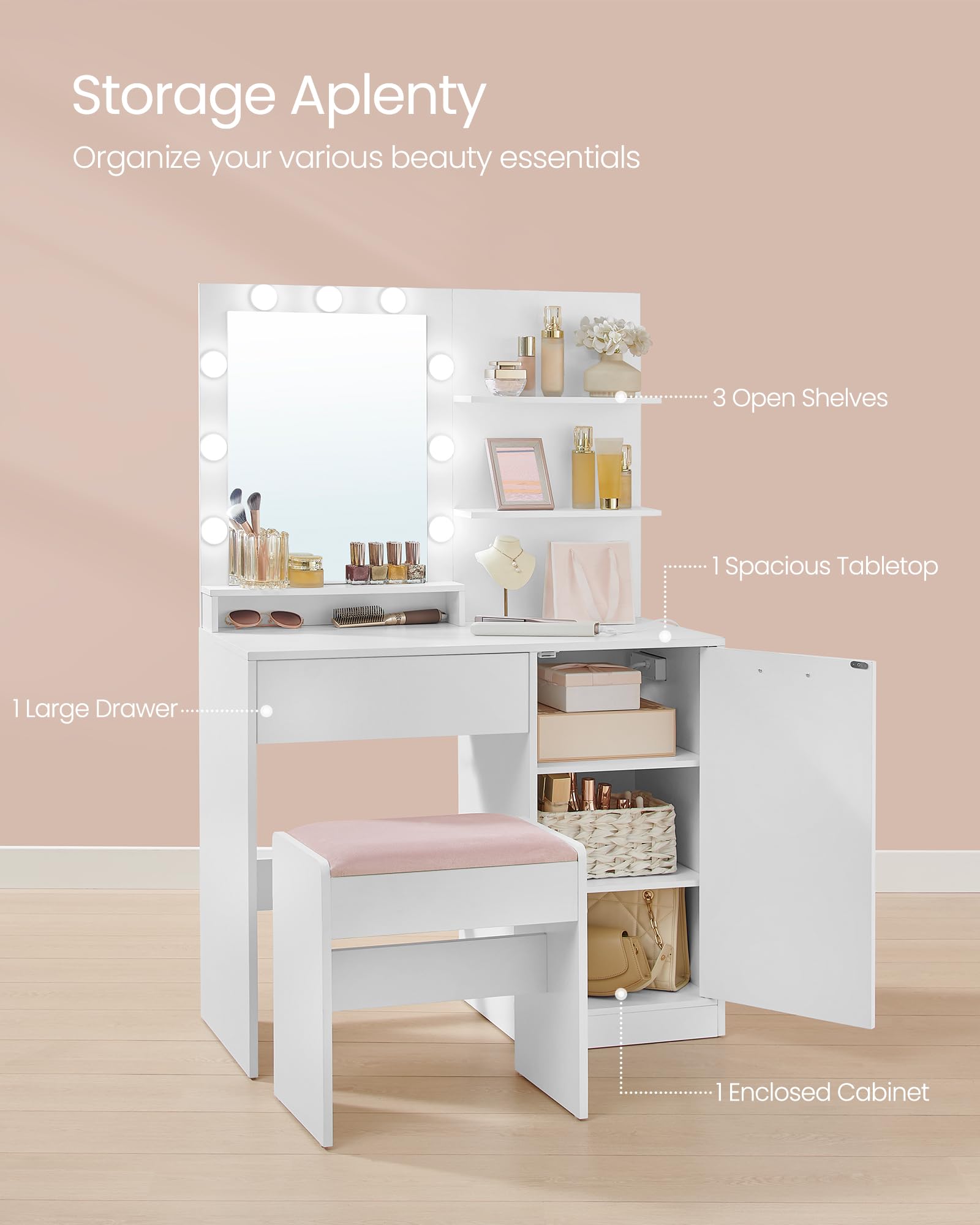 VASAGLE Vanity Desk with Mirror and Lights, 35.4-Inch Wide Makeup Vanity with Upholstered Vanity Stool, Power Outlets, Dimmable LED Lights, Storage Drawer, for Bedroom, Cloud White URDT128W01