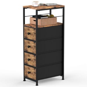 ybing narrow side tables for small spaces, slim dresser with 4 fabric drawers, small chest of drawers, skinny nightstand,wood brown