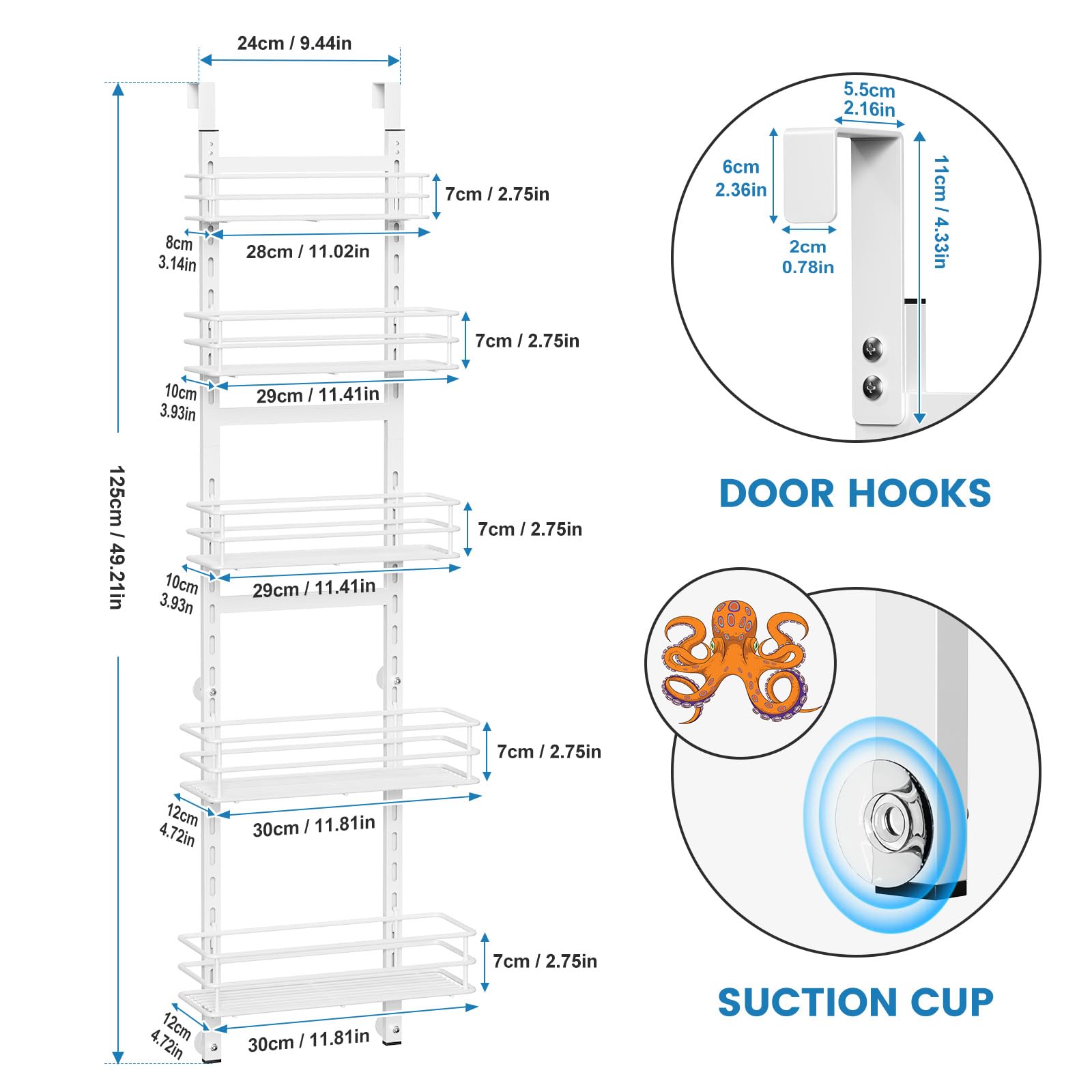 Purdaz Adjustable 5-Tier Over the Door Pantry Organizer, Spice Rack, Narrow Hanging Shelf for Kitchen Storage and Organization (White)